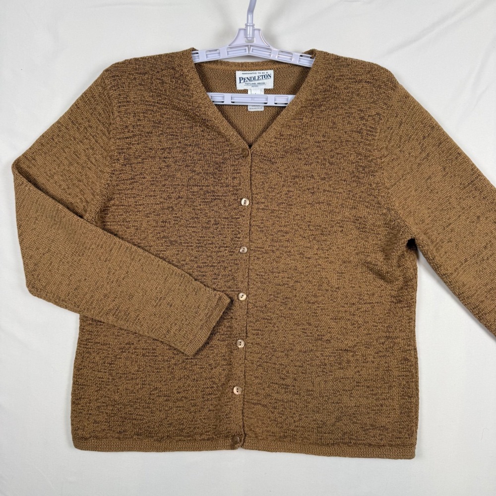 Pendleton Womens Petite Large Brown Marled Cotton Blend V-Neck Cardigan Sweater